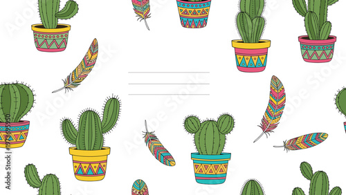 Vibrant seamless pattern featuring different types of green cacti in decorative pots with colorful patterned feathers on a white background.