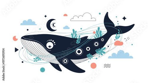 Artistic illustration of a majestic whale adorned with mystical celestial symbols and eyes, surrounded by abstract shapes and soft clouds.