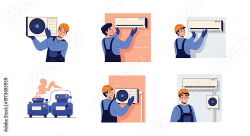 Skilled technicians performing maintenance and repairs on air conditioning units in various indoor and outdoor settings.