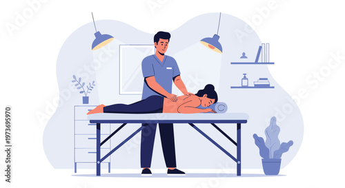 Male massage therapist providing a relaxing back treatment to a female client on a professional table in a spa clinic.