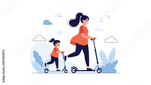 Happy mother and her young daughter riding kick scooters together outdoors in a park-like setting with stylized plants and blue clouds.
