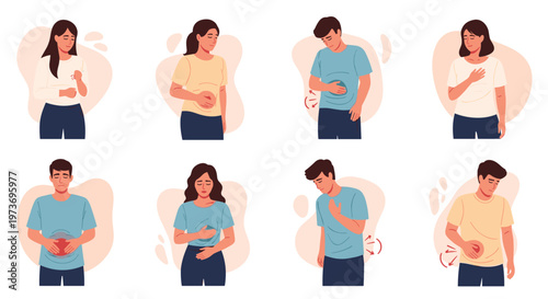 Various individuals expressing discomfort and pain in their chest or abdomen representing different health conditions.