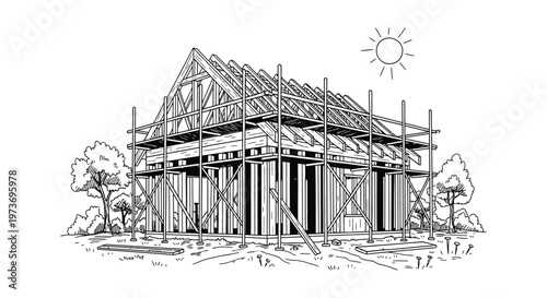 construction house building framework with scaffolding on a sunny day hand drawn doodle sketch showing home development
