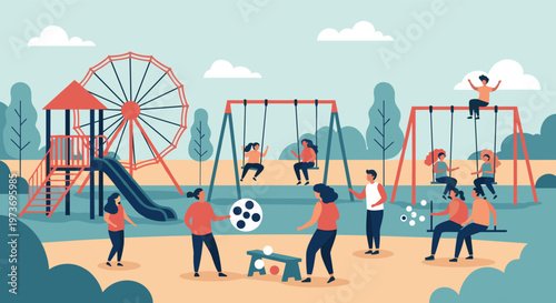 Group of happy children enjoying themselves on a large colorful playground with various activities and equipment.