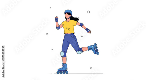 Young woman wearing full safety gear and helmet while rollerblading gracefully against a plain white background.