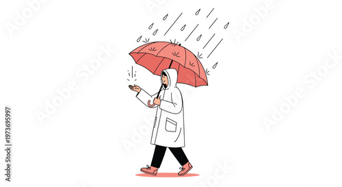 Person wearing a white raincoat and carrying a pink umbrella walking through a heavy rainstorm on a white background.