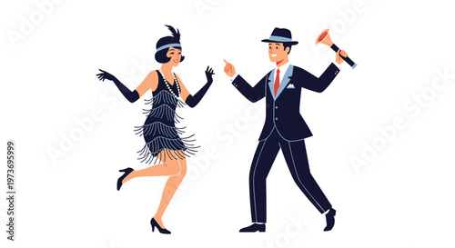 Stylish couple dancing the charleston in vintage twenties era clothing with music accessories on a white background.