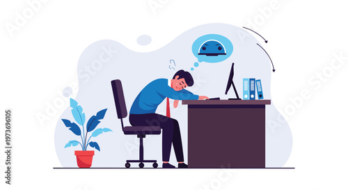Tired male office worker leaning his head on a desk while sleeping during work hours in front of a computer and blue background.