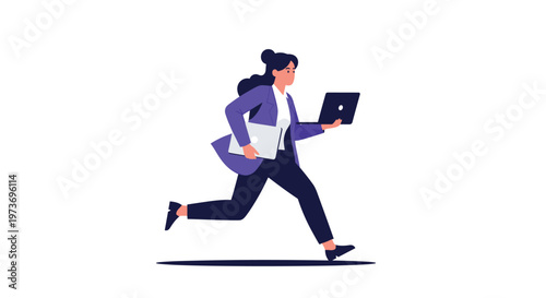 Busy young businesswoman in a formal purple suit running fast while carrying two laptop computers against a white background.