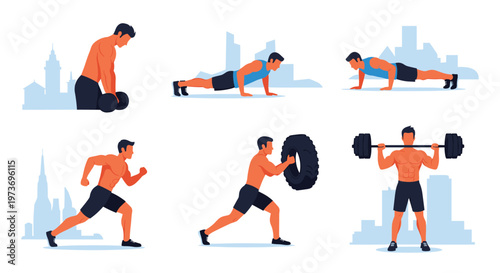 Set of six fitness icons showing a man performing various bodyweight and weightlifting exercises in an urban outdoor setting.