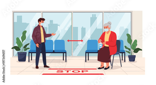 Young man and elderly woman wearing medical face masks and sitting apart to maintain social distance in a public waiting area.