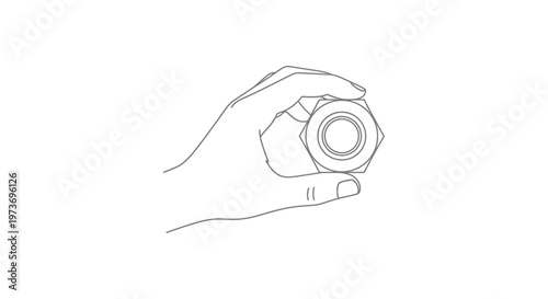 hand holding a large hexagonal nut a simple line art illustration depicting mechanical fastening or engineering concepts