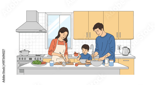 Smiling father, mother, and young son bonding while preparing a healthy meal together in a modern and clean domestic kitchen.