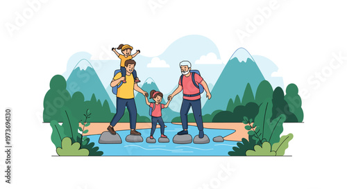 Happy family of four spanning three generations hiking together across a rocky stream in a scenic mountain landscape during summer.