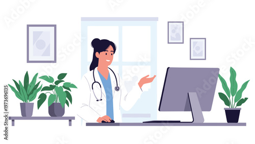 Professional female doctor in a white coat and stethoscope working at her desk while gesturing toward a computer monitor in a clinic.