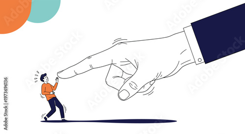 Conceptual illustration of a giant finger pointing at a tiny scared man representing overwhelming pressure, guilt, or accusation.