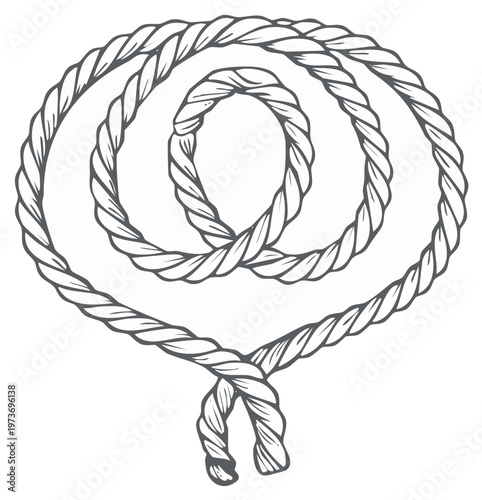 Thick natural fiber rope coiled in an oval shape with a simple knot at the bottom