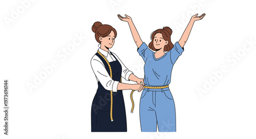 Friendly female tailor in a black apron using a yellow measuring tape to take waist measurements of a young woman in a studio.