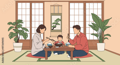 Traditional Japanese family including parents and a child sitting on tatami mats while eating a healthy meal at a low wooden table.