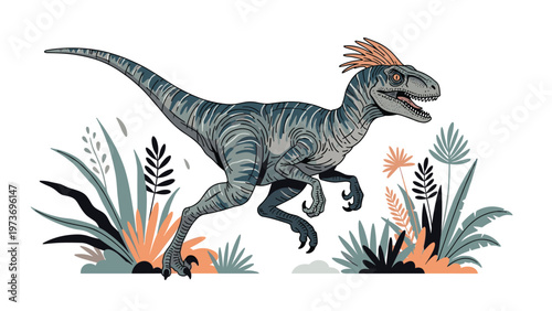 Prehistoric velociraptor dinosaur running through a lush field of tall grass and tropical plants in a detailed illustrative style.