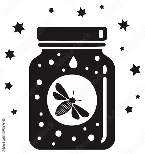 Firefly in a Jar with Stars, Black and White Vector Illustration for Summer Nights and Magical Fairy Tales