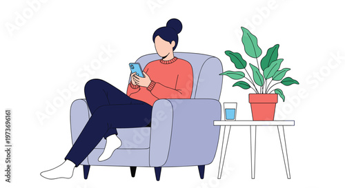 Young woman relaxing in a comfortable blue armchair while using her mobile phone in a bright room with a potted plant nearby.