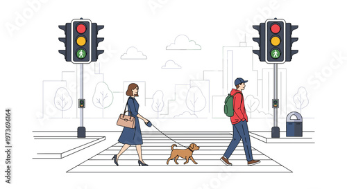 People crossing a city street at a pedestrian crosswalk with traffic lights showing a green walk signal in an urban environment.