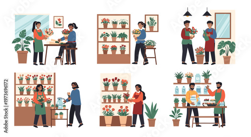 Set of professional florists working in a plant shop arranging various colorful flower bouquets and caring for indoor greenery.