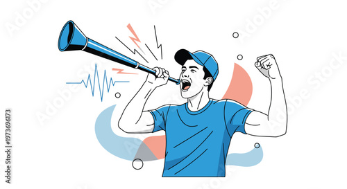 Excited sports fan wearing a blue shirt and cap cheering loudly while blowing a blue horn to support his favorite team at an event.
