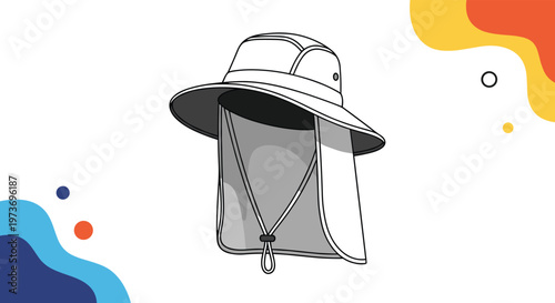 White wide brimmed sun protection hat with a neck flap and adjustable chin cord designed for outdoor hiking and camping activities.