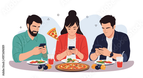 Three young friends sitting at a restaurant table and focusing on their smartphones instead of social interaction during a meal.
