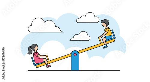 Two happy children, a boy and a girl, having fun while playing on a colorful seesaw against a bright blue sky with white clouds.