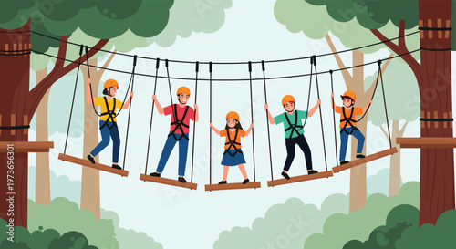 Group of diverse adults and children walk across a suspension bridge during a fun forest adventure park activity.