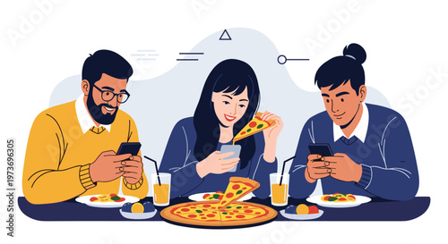Three young friends ignore each other and focus on their smartphones while sharing pizza and drinks at a dinner table.