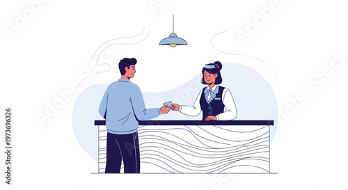 Friendly receptionist in a blue uniform accepts a credit card from a male customer at a modern service counter.