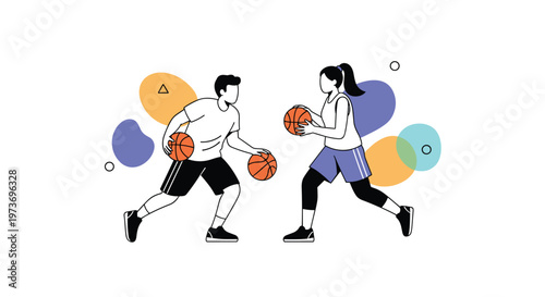 Man and woman play basketball with enthusiasm against a background of colorful abstract shapes and geometric patterns.