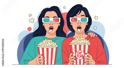 Two young women wearing 3D glasses and eating popcorn look surprised while watching an exciting movie in a theater.