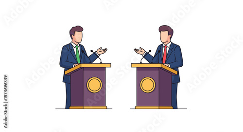 Two professional men in suits stand at podiums with microphones while engaged in a formal political or business debate.