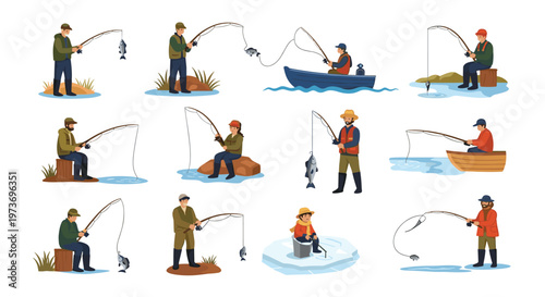 Large set of illustrations featuring various people enjoying fishing in different locations and weather conditions.