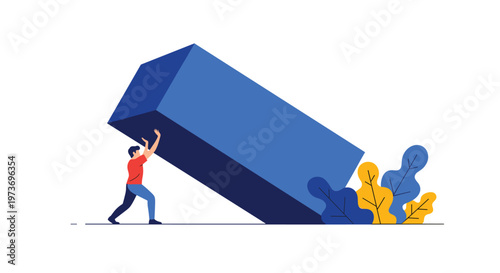 Minimalist illustration of a determined man pushing a giant blue rectangular block uphill to symbolize a hard challenge.