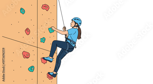 Brave young woman wearing a helmet and harness climbs an indoor rock wall at a sports gym with colorful handholds.
