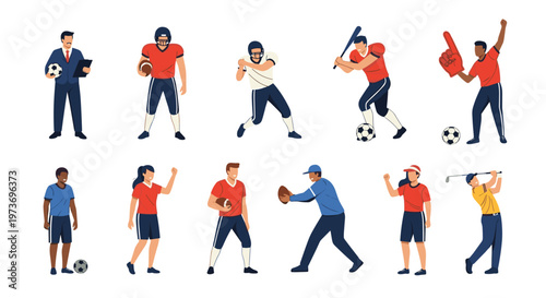Large collection of athletic characters in different poses for popular sports like soccer, football, golf, and baseball.
