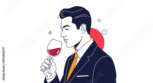 Elegant man in a dark suit and yellow tie examines the aroma and color of red wine in a glass against a simple background.