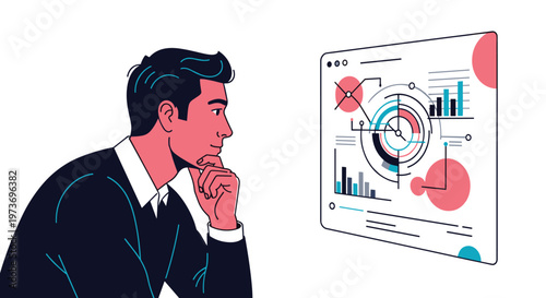 Focused male analyst looks thoughtfully at a digital screen displaying colorful data visualizations and complex charts.