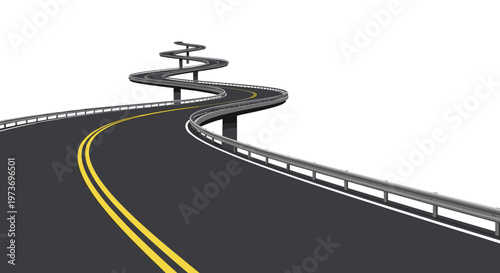 Long asphalt road with double yellow lines winds through several curves as it stretches toward the distant horizon.