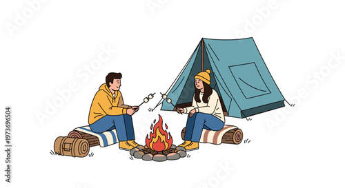 Young couple enjoying a cozy camping trip outdoors, while roasting marshmallows over a warm campfire near their blue tent.