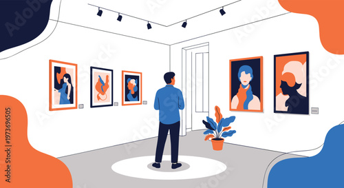 Male visitor stands in the center of a modern art gallery while looking at framed abstract portraits on white walls.
