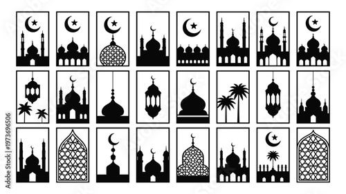 Collection of islamic architectural silhouettes including mosques lanterns and crescent moons with stars keywords