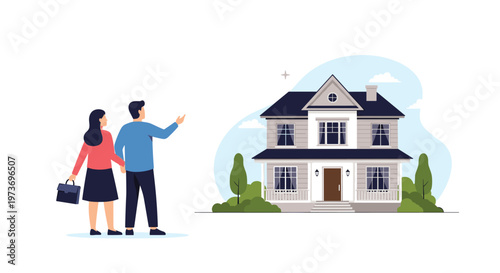 Prospective home buyers standing together and pointing at a beautiful two story suburban house during a real estate viewing.