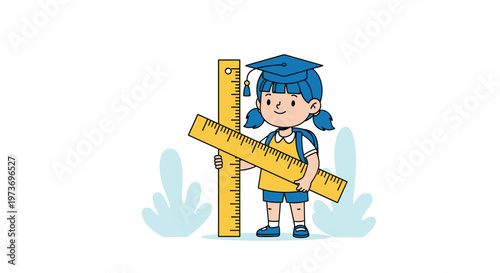 Young schoolgirl in a graduation cap and backpack holding two giant yellow rulers, while smiling cheerfully at the viewer.